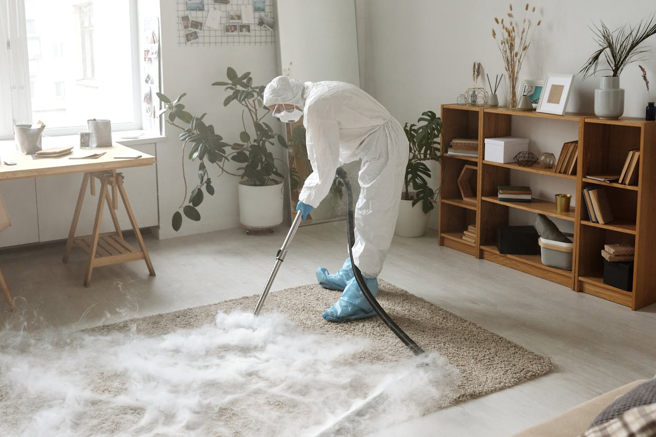 why-choose-us A woman in protective gear disinfects a carpet indoors to ensure safety during the COVID-19 pandemic.